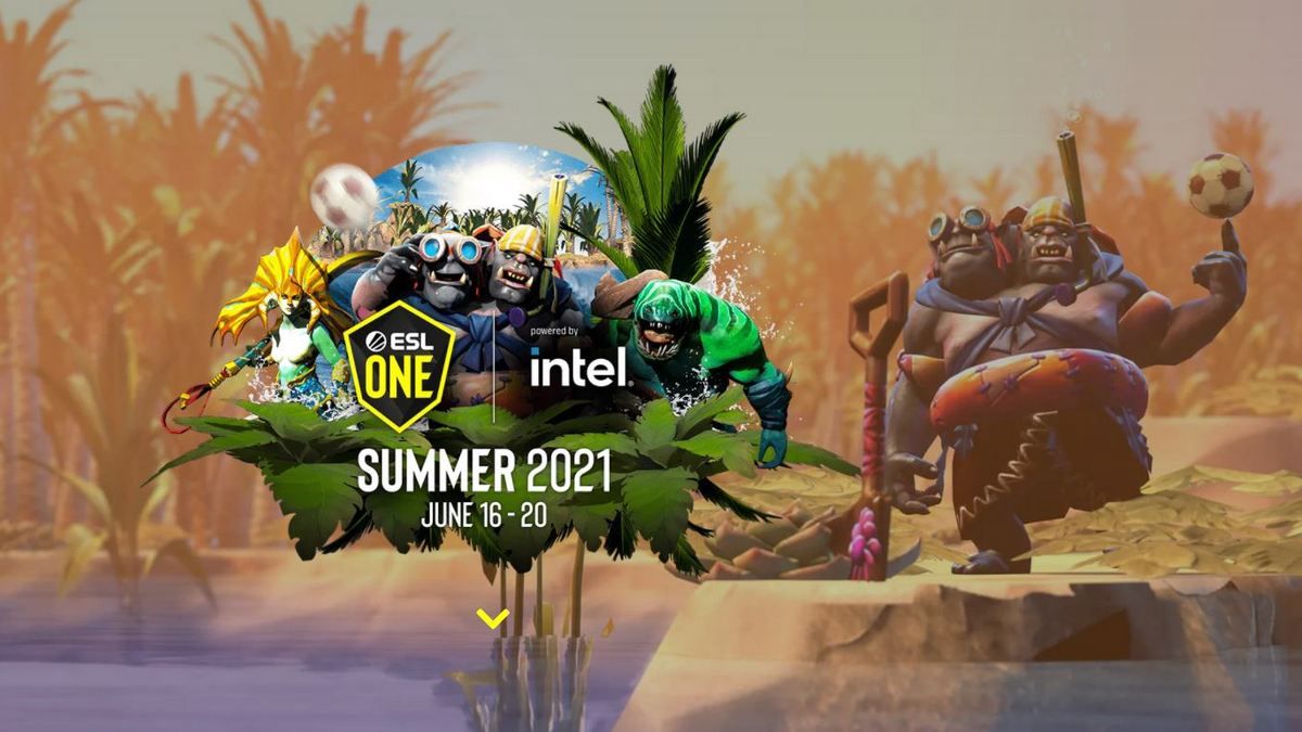 ESL  One Summer 2021 card with Dota 2 heroes in a summer scenery 