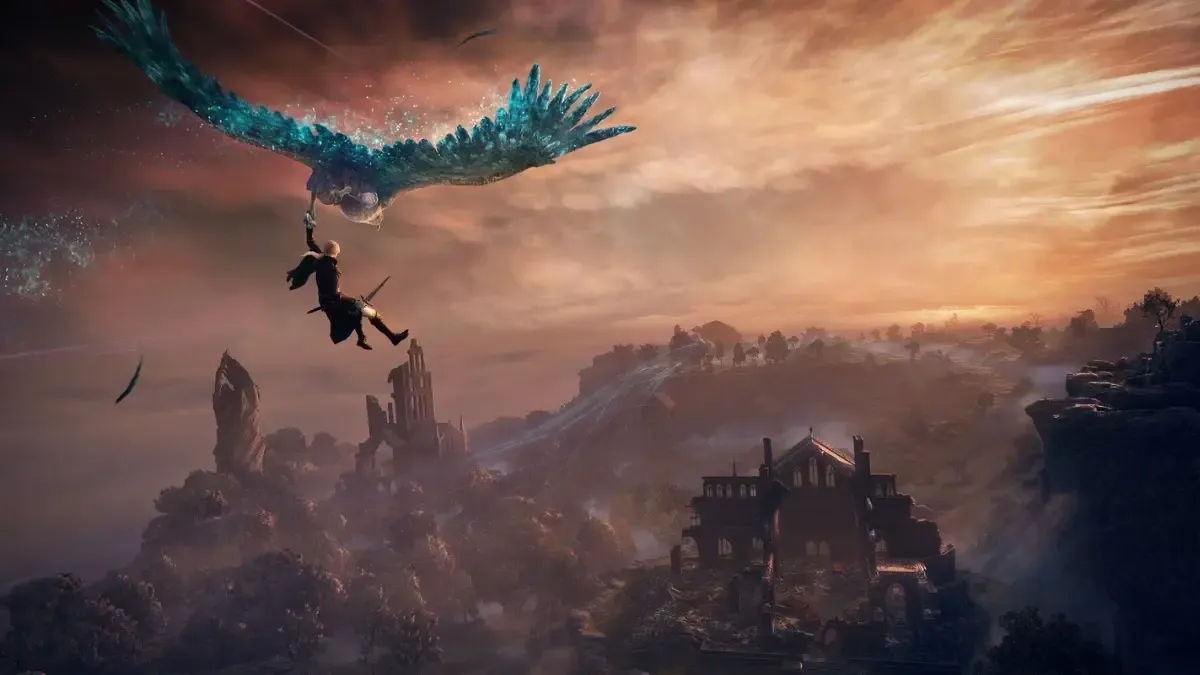 An Elden Ring: Nightreign player being carried by a flying bird.