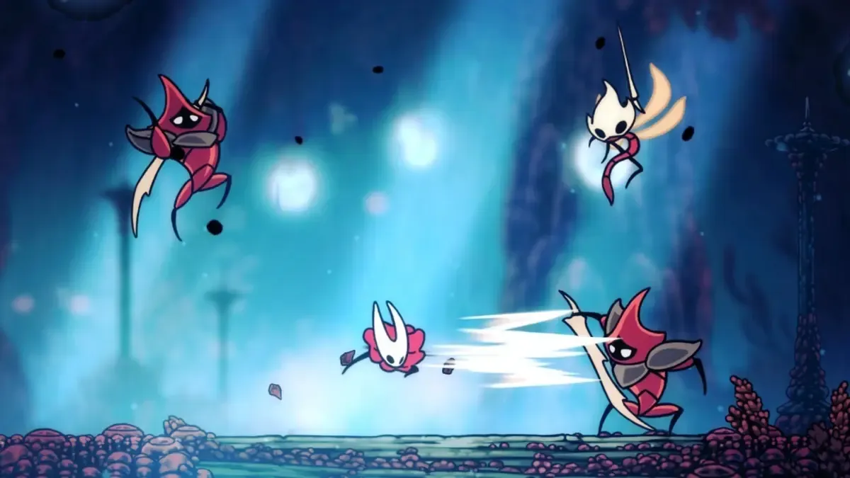 Hornet fighting off a flurry of enemies in Hollow Knight: Silksong