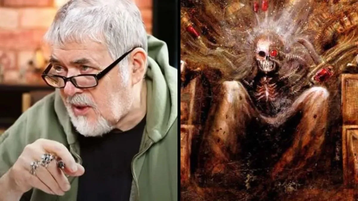 An image of John Blanche and his iconic depiction of the God-Emperor of Mankind.