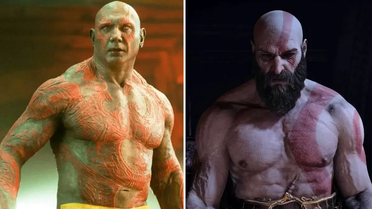 Bautista as Drax and Kratos in God of War Ragnarok.