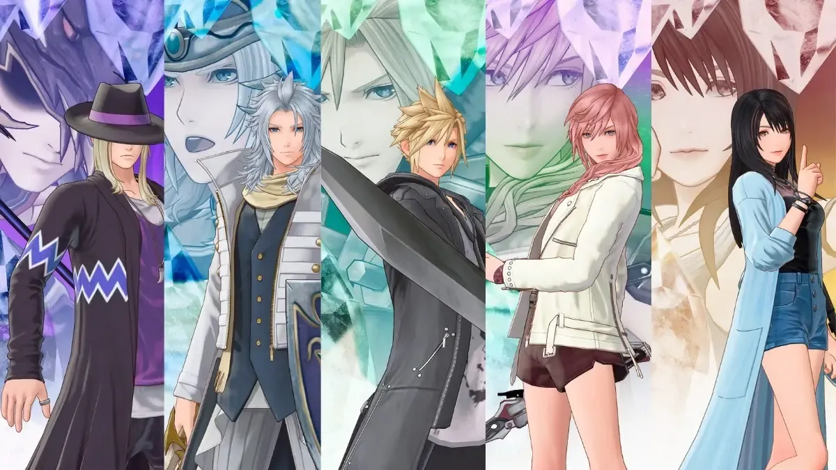 Characters from Dissidia Final Fantasy like Cloud, Lightning, Rinoa, and more.