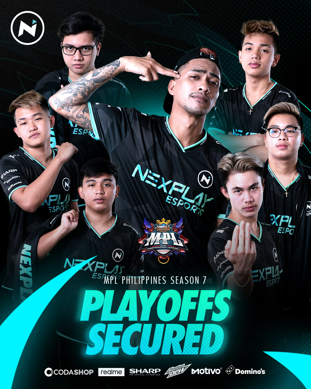 Nexplay Esports team in different poses - playoffs secured
