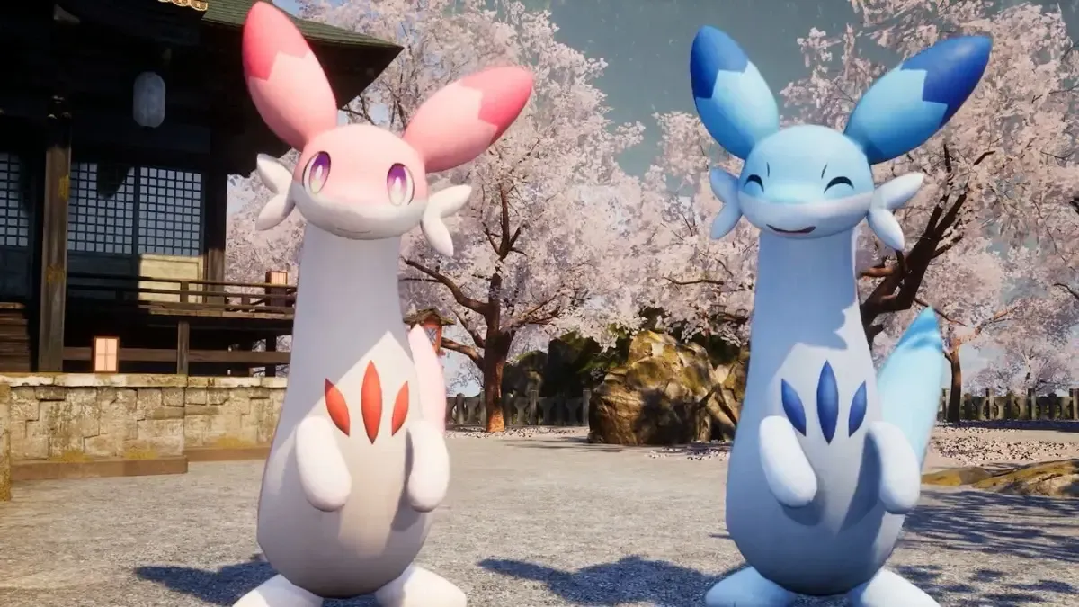Chillet Ignis and Chillet are standing side by side, with cherry blossoms behind them.