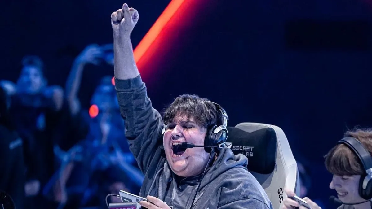 An image of Team Spirit's Kid Bomba raising a fist in victory at MSC 2026.