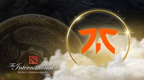 Fnatic crest with the The International logo and the Aegis on the background