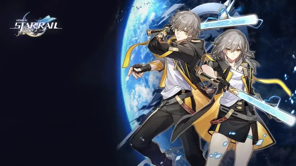 An image of the Trailblazer's male and female versions, canonically named Caelus and Stelle.