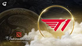 T1 Logo with The Aegis of Champions and The International logo