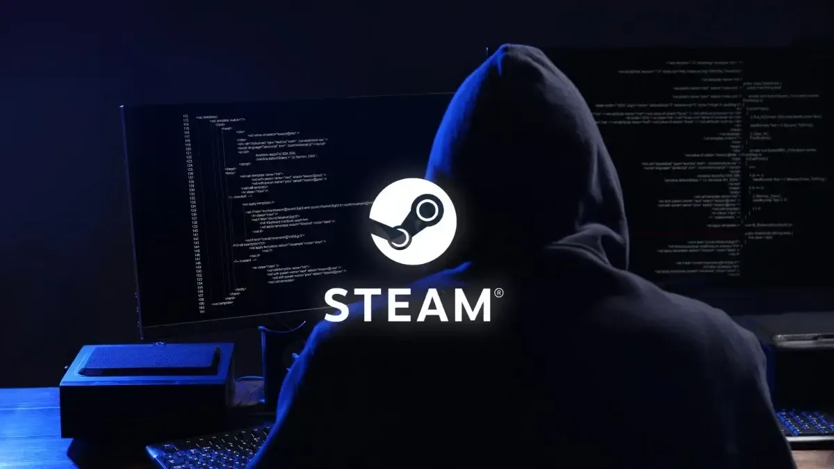 A hooded person in front of the computer in the dark web, with the Steam Logo in the middle.