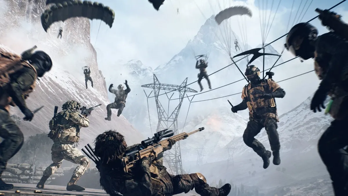 Battlefield 6 image showing soldiers parachuting into combat while others engage in intense ground firefights.