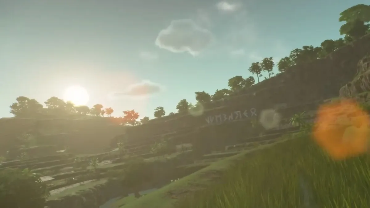 Screenshot of the "rice terraces" in Pokémon Winds and Waves