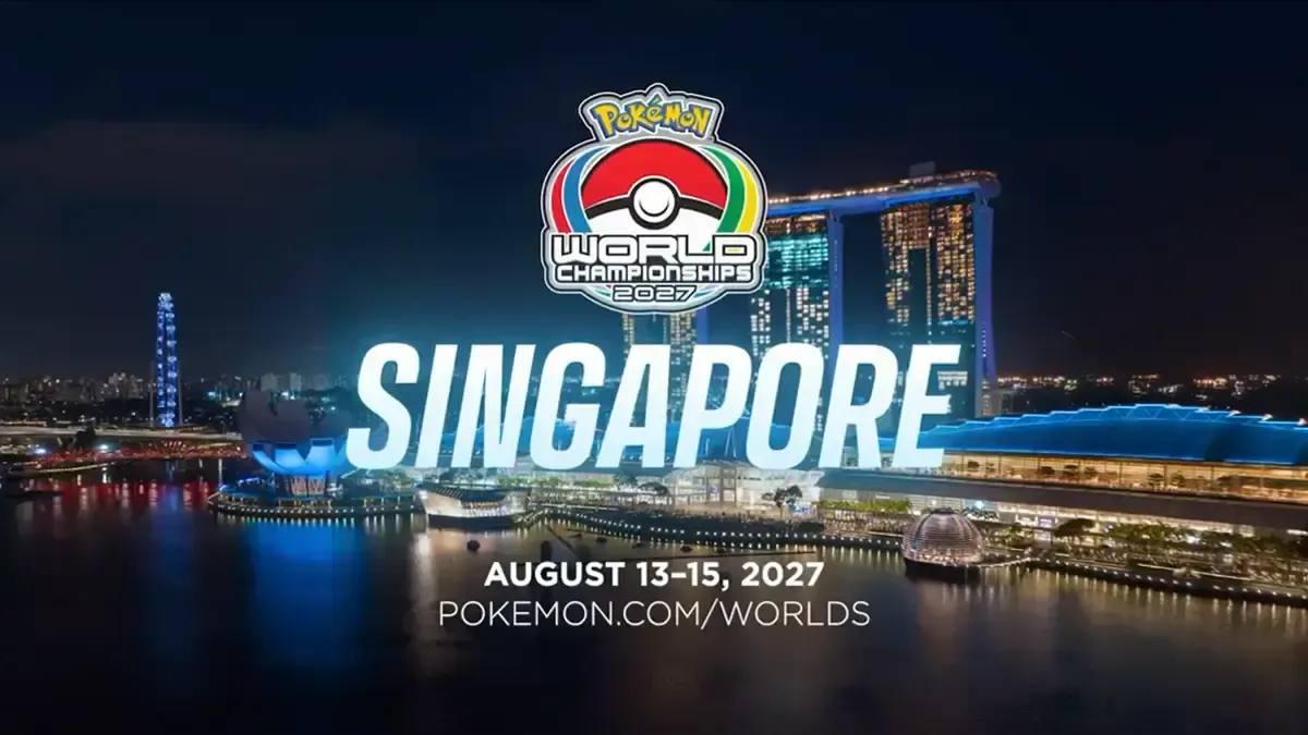 A picture of Singapore's Marina Bay Sands with the Pokémon World Championships logo on it