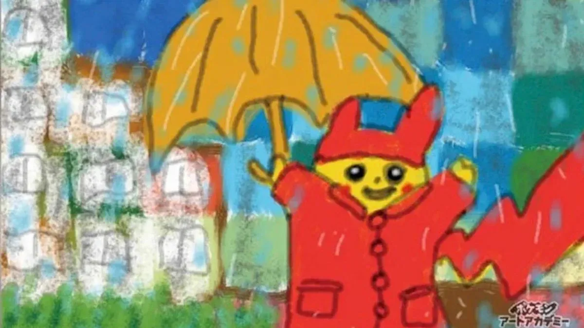 Raincoat Pikachu illustration.