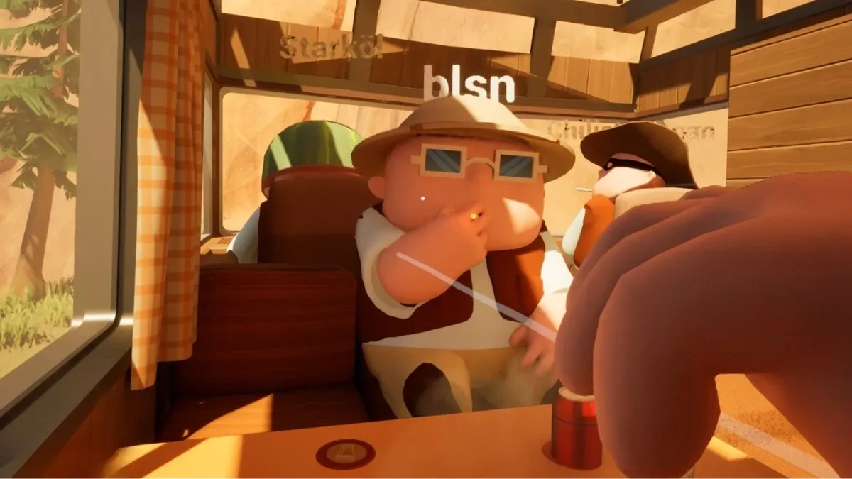 RV there yet character casually smoking in the camper van.