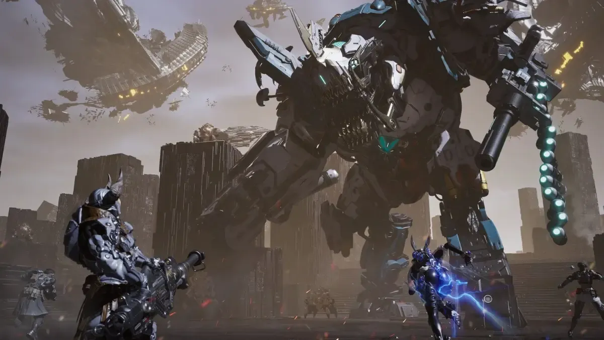 Screenshot of players going against a mecha in The First Descendant.