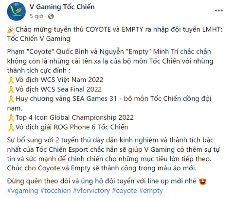 Tốc Chiến: Rời Team Flash, Coyote và Empty đến với V Gaming